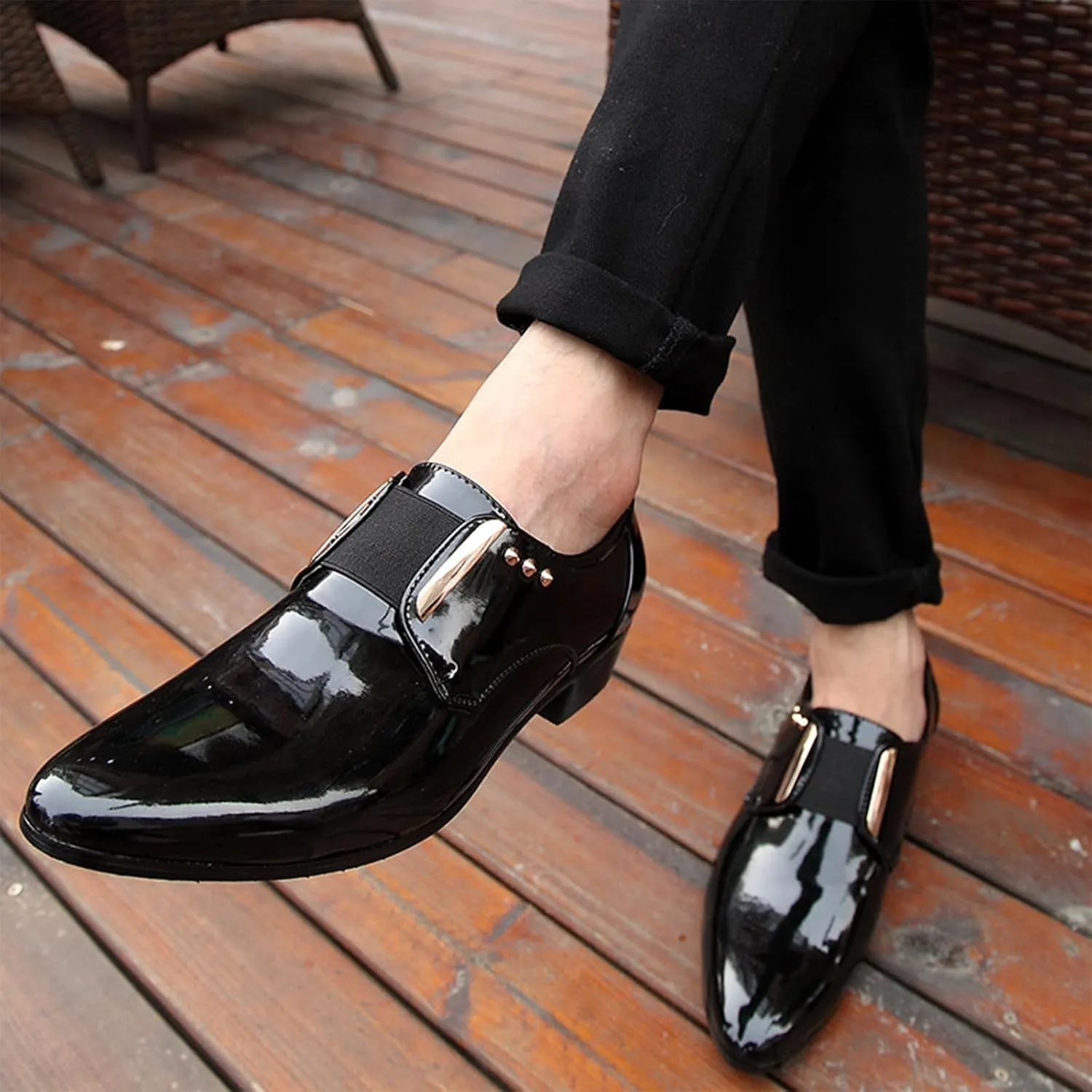 Men's Patent Leather Pointed Toe Dress Loafers, Elastic Band Low Heel Classic Luxury Tuxedo Shoes Business Formal Wedding Party Leather Shoes