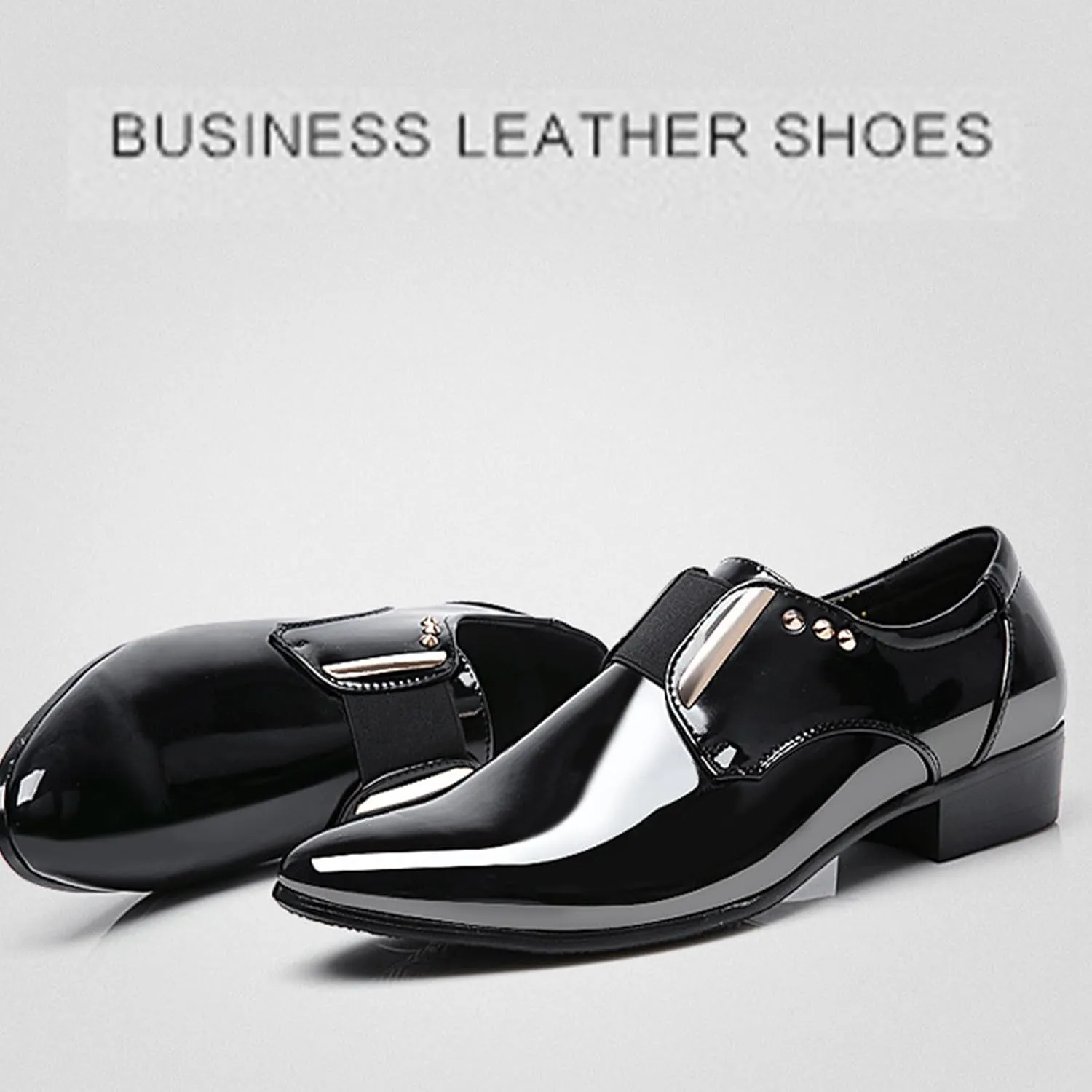 Men's Patent Leather Pointed Toe Dress Loafers, Elastic Band Low Heel Classic Luxury Tuxedo Shoes Business Formal Wedding Party Leather Shoes