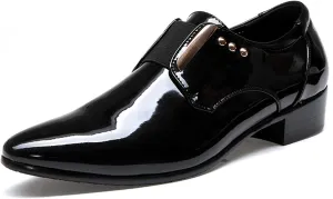 Men's Patent Leather Pointed Toe Dress Loafers, Elastic Band Low Heel Classic Luxury Tuxedo Shoes Business Formal Wedding Party Leather Shoes