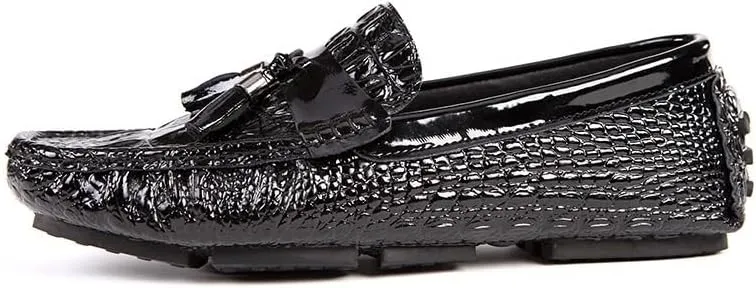 Men's PU Leather Loafers - Round Toe, Crocodile Print, Tassel Driving Loafers, Anti-Slip, Flexible, Resistant Slip-Ons for Walking