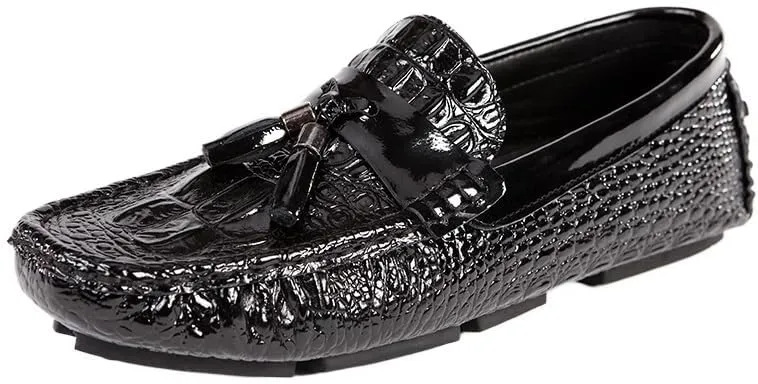 Men's PU Leather Loafers - Round Toe, Crocodile Print, Tassel Driving Loafers, Anti-Slip, Flexible, Resistant Slip-Ons for Walking