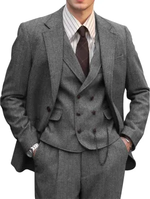 Mens Suit 3 Piece Tweed Herringbone Tuxedo Suit Wedding Suits for Mens Blazer Jacket Double Breasted Vest Pants Set
