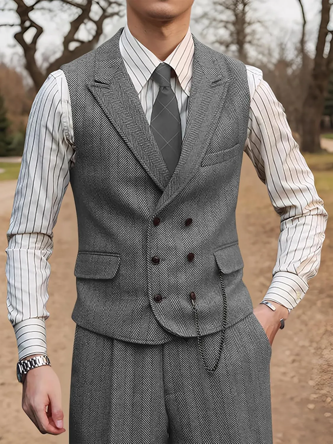Mens Suit 3 Piece Tweed Herringbone Tuxedo Suit Wedding Suits for Mens Blazer Jacket Double Breasted Vest Pants Set