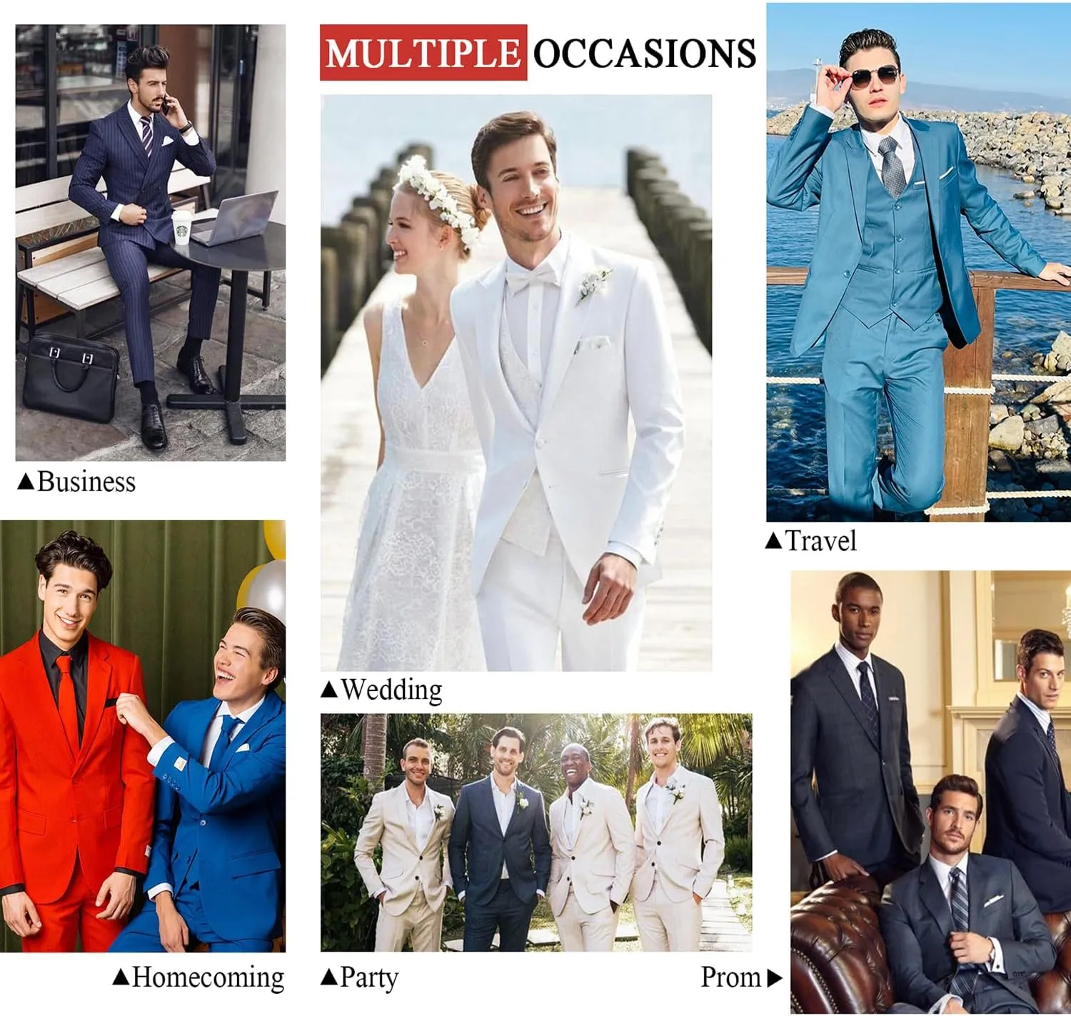 Mens Suits 3 Pieces 2 Button Slim Fit Suit Tuxedo Prom Formal Jacket Blazer Vest Pants with Tie