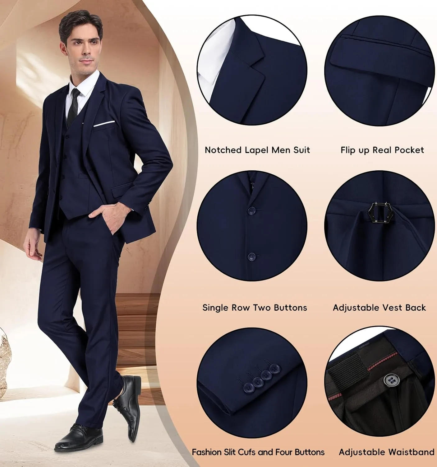 Mens Suits 3 Pieces 2 Button Slim Fit Suit Tuxedo Prom Formal Jacket Blazer Vest Pants with Tie
