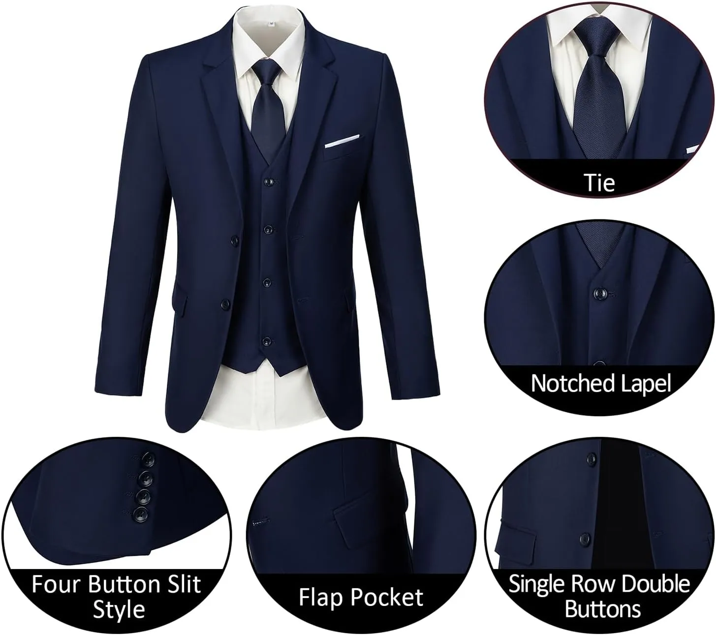 Mens Suits 3 Pieces 2 Button Slim Fit Suit Tuxedo Prom Formal Jacket Blazer Vest Pants with Tie