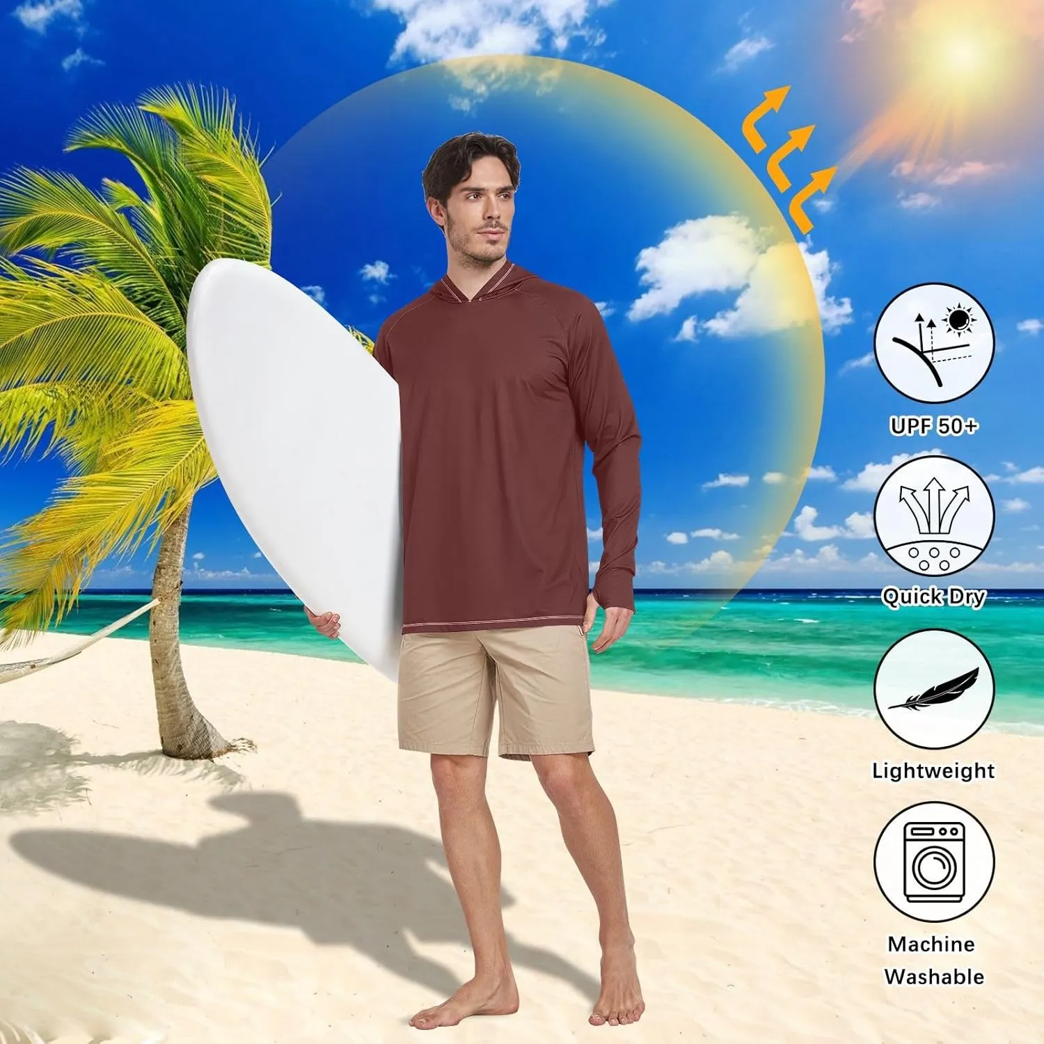 Mens Sun Shirts Protection Long Sleeve UPF 50 Mens Sun Shirt Quick-Dry Rash Guard Men UV Clothing Hood Shirts