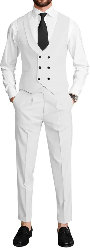 Mens Vest and Pants Suit 2 Pieces Double Breasted Suit Men Wedding Groomsmen Suits Set