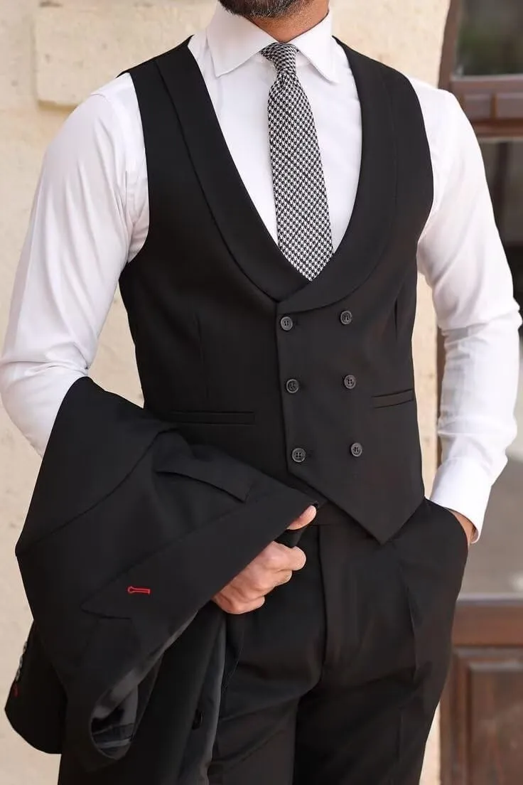 Mens Vest and Pants Suit 2 Pieces Double Breasted Suit Men Wedding Groomsmen Suits Set