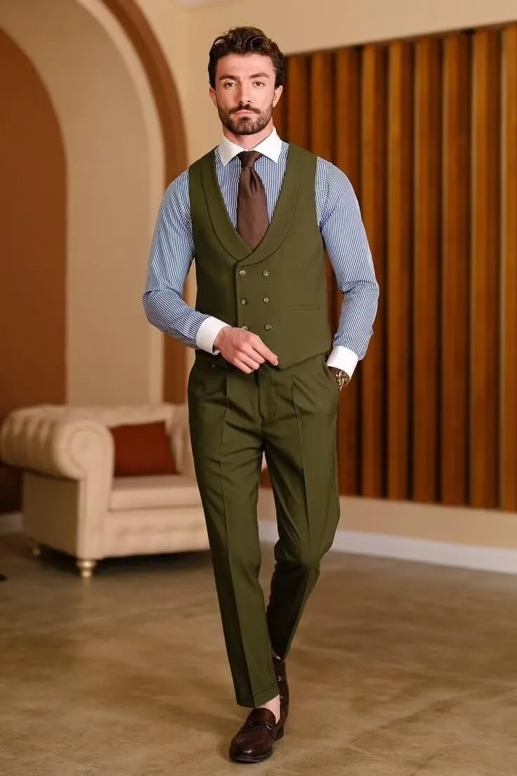 Mens Vest and Pants Suit 2 Pieces Double Breasted Suit Men Wedding Groomsmen Suits Set