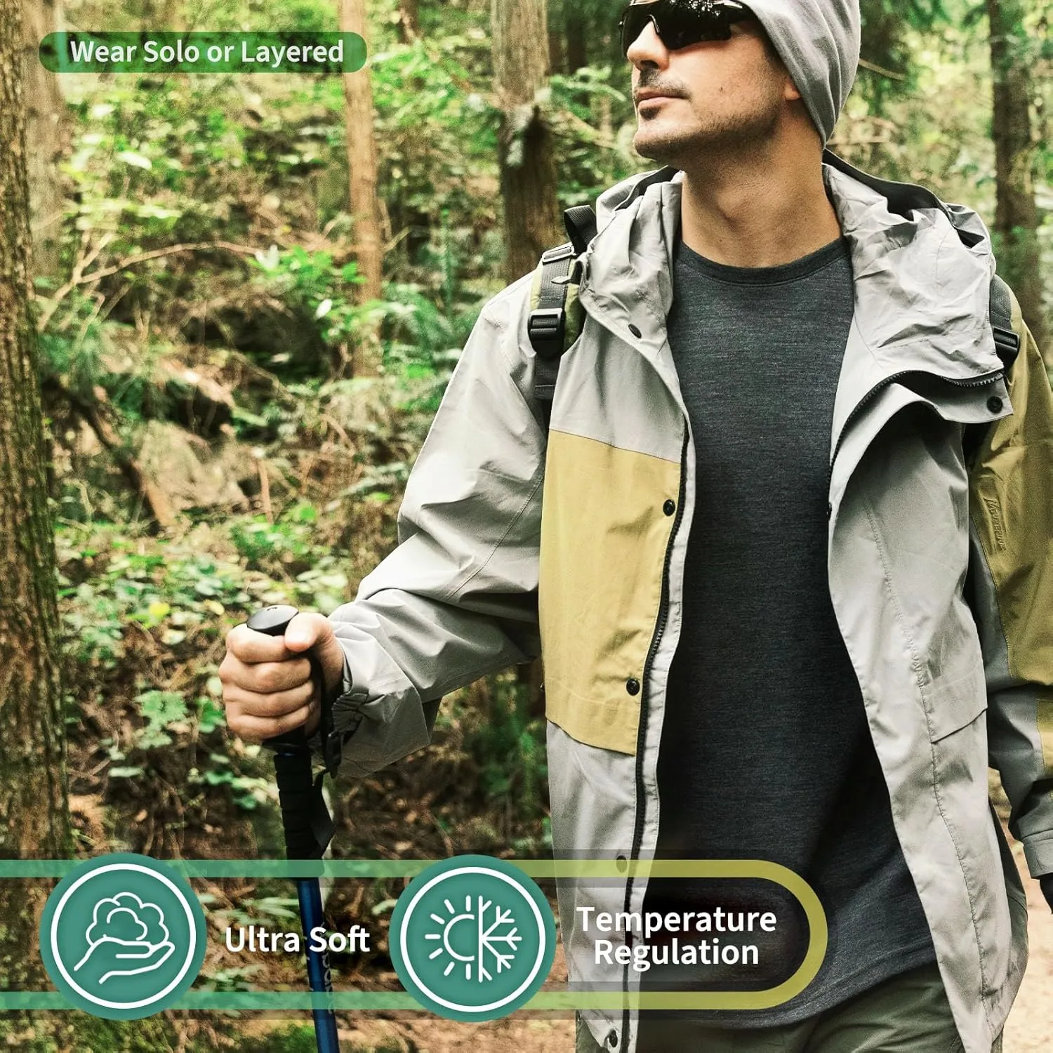 Merino Protect 100% Merino Wool T Shirts for Men Odor Resistance Base Layer Hiking Travel T-Shirt Soft Undershirt