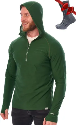 Merino.tech 100% Merino Wool Hoodie Men - Slim Fit Merino Wool Base Layer Mens Half Zip Thermal Long Sleeve Shirt and Socks