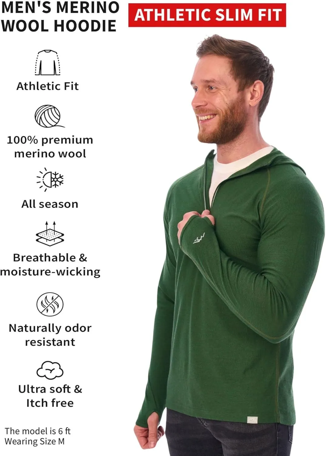 Merino.tech 100% Merino Wool Hoodie Men - Slim Fit Merino Wool Base Layer Mens Half Zip Thermal Long Sleeve Shirt and Socks