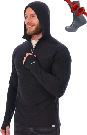 Merino.tech 100% Merino Wool Hoodie Men - Slim Fit Merino Wool Base Layer Mens Half Zip Thermal Long Sleeve Shirt and Socks