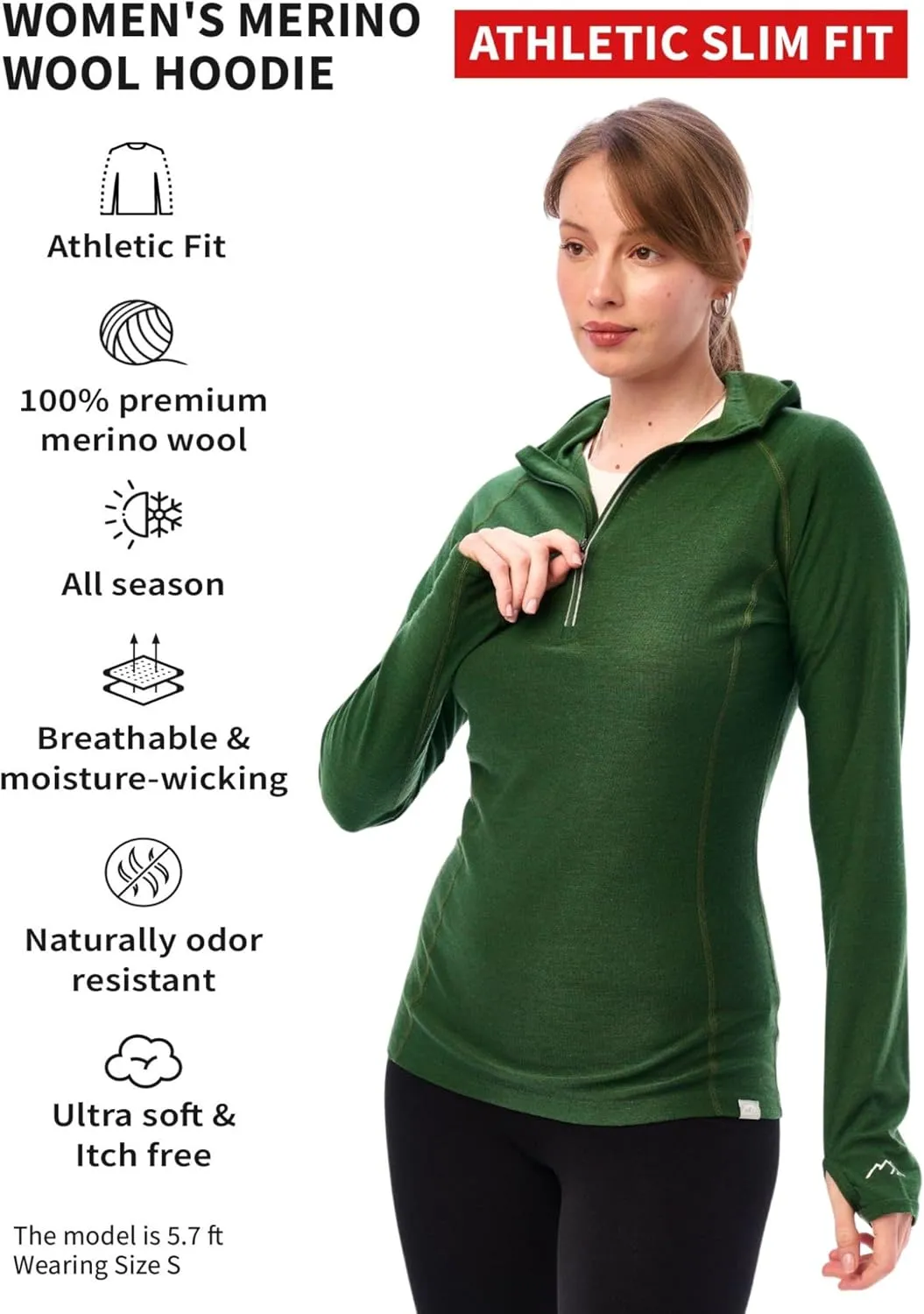 Merino.tech Merino Wool Hoodie Women - Slim Fit 100% Merino Wool Base Layer Women Half Zip Thermal Long Sleeve Shirt & Socks