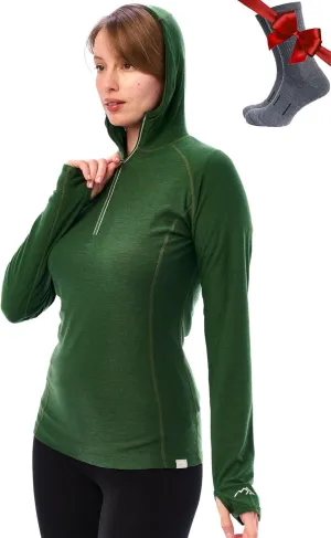 Merino.tech Merino Wool Hoodie Women - Slim Fit 100% Merino Wool Base Layer Women Half Zip Thermal Long Sleeve Shirt & Socks