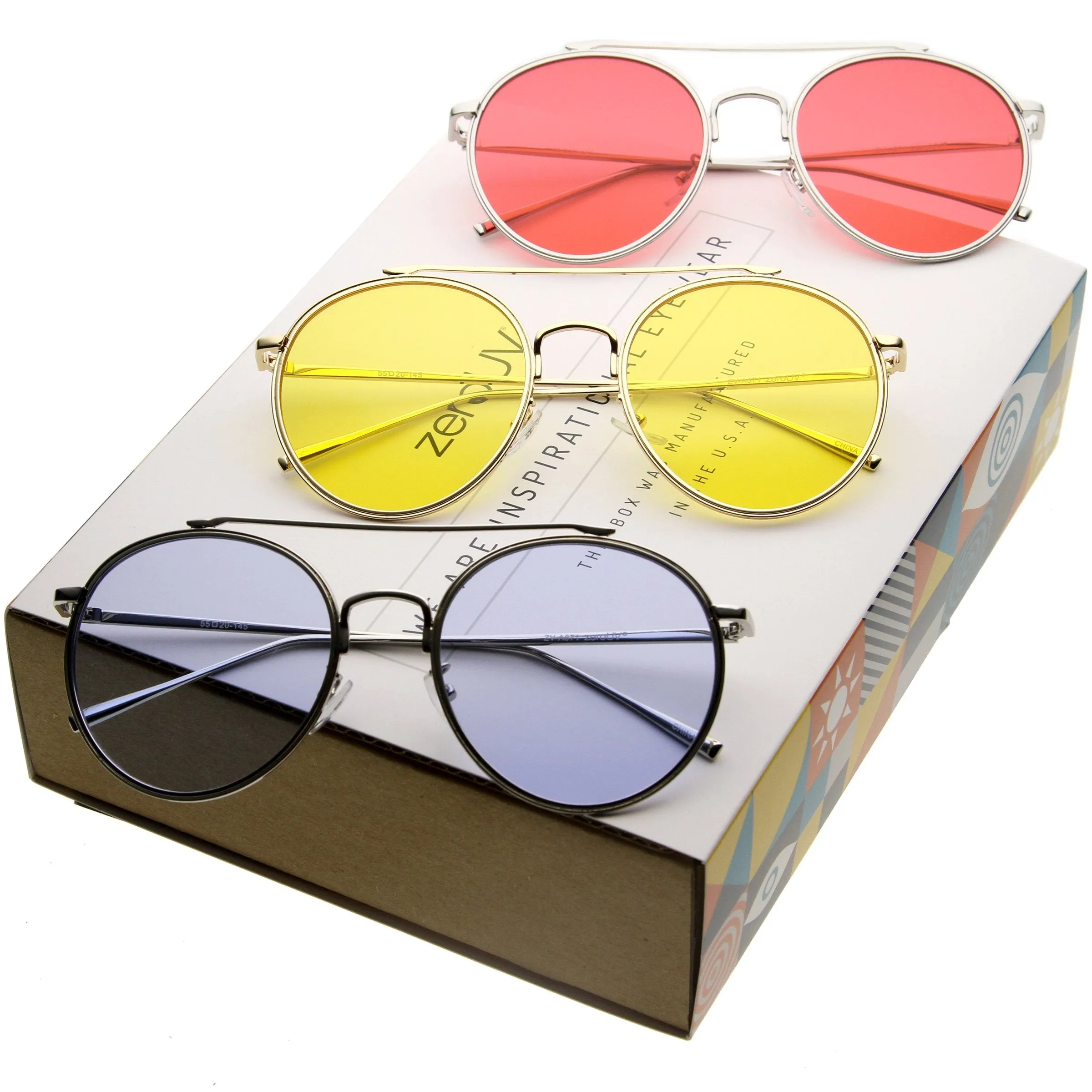 Mid Century Round Metal Color Lens Aviator Sunglasses A871 [Promo Box]