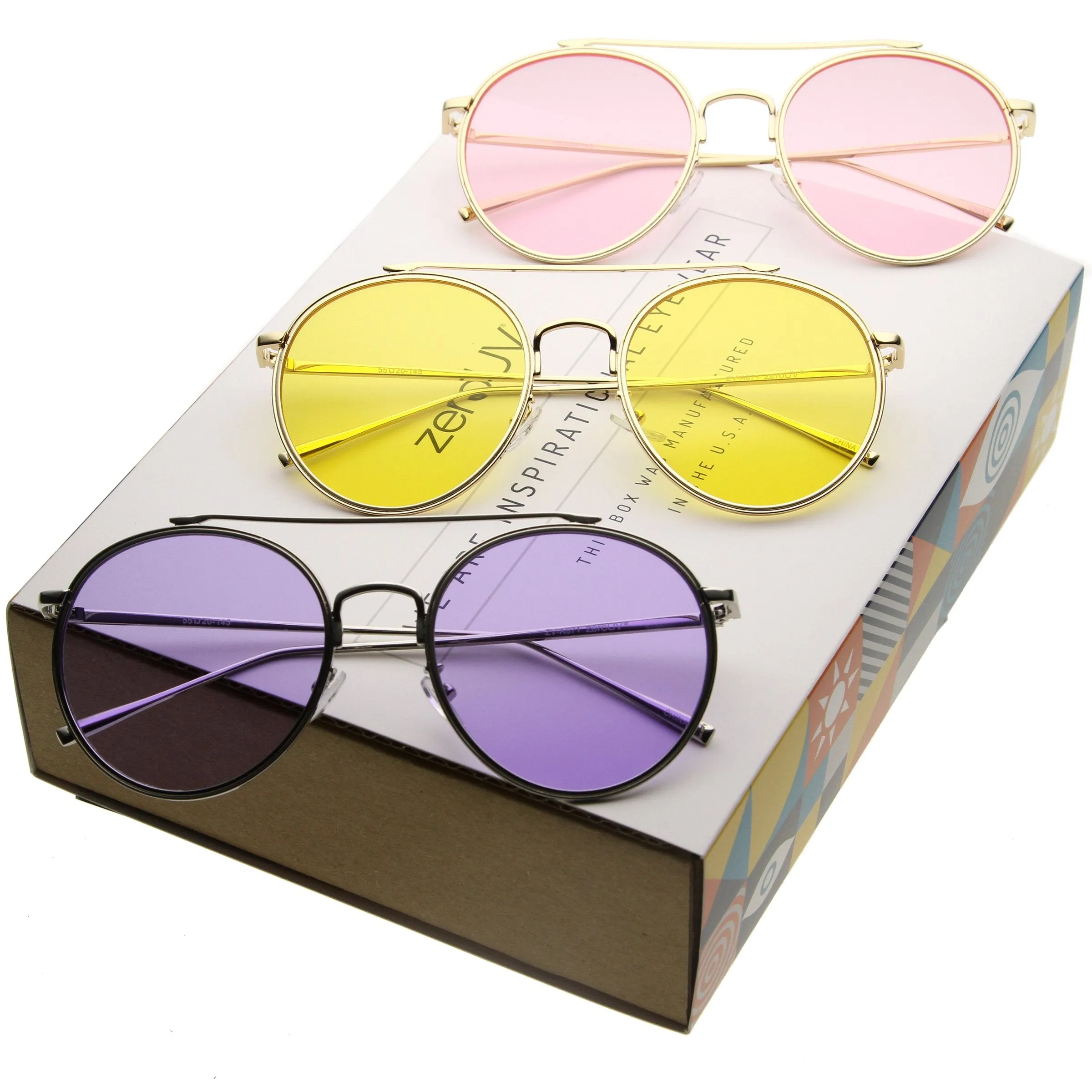 Mid Century Round Metal Color Lens Aviator Sunglasses A871 [Promo Box]
