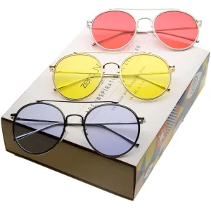 Mid Century Round Metal Color Lens Aviator Sunglasses A871 [Promo Box]