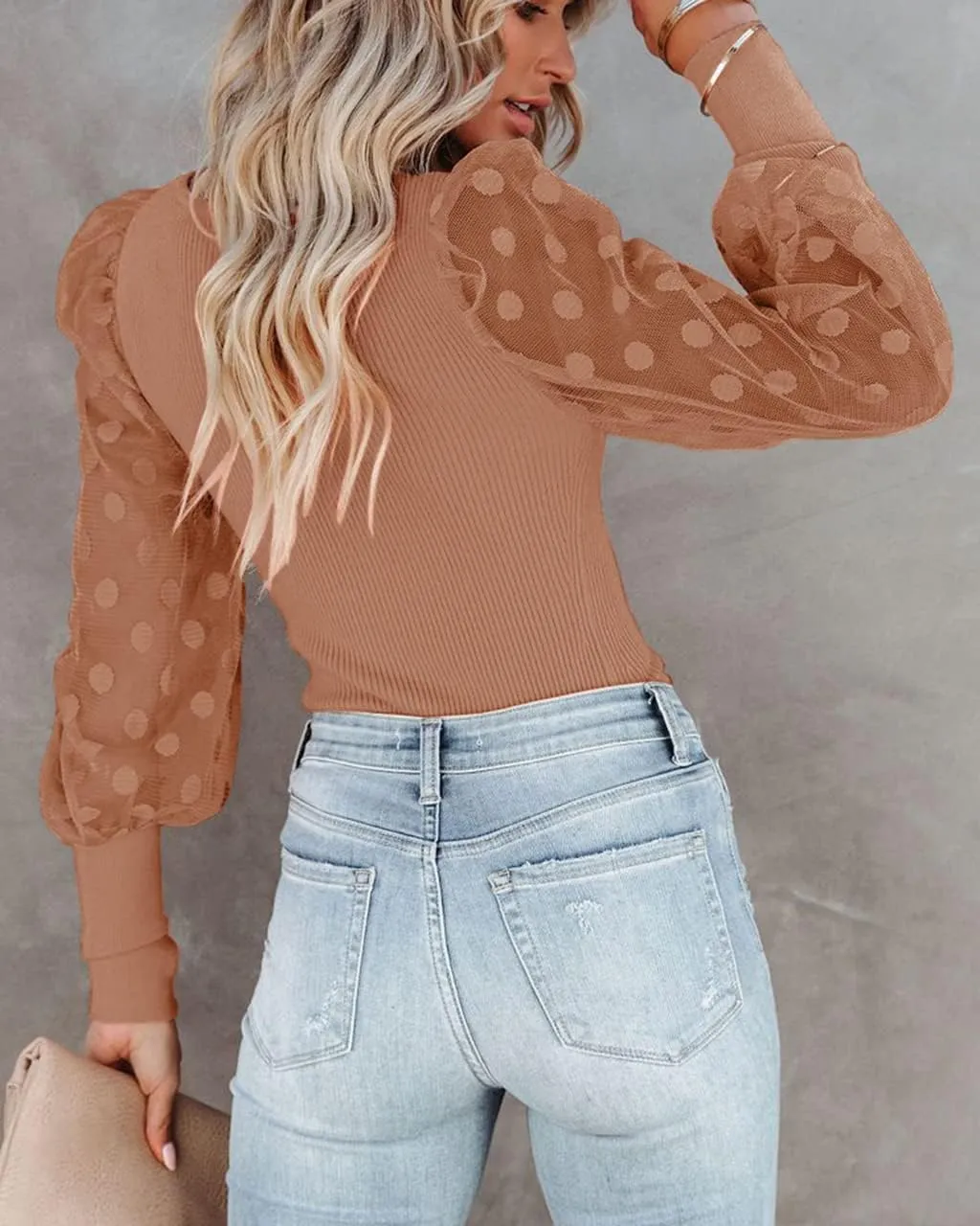 miduo Womens Tops Square Neck Polka Dot Balloon Long Sleeve Top Shirts Slim Knit Ribbed Tops Blouses