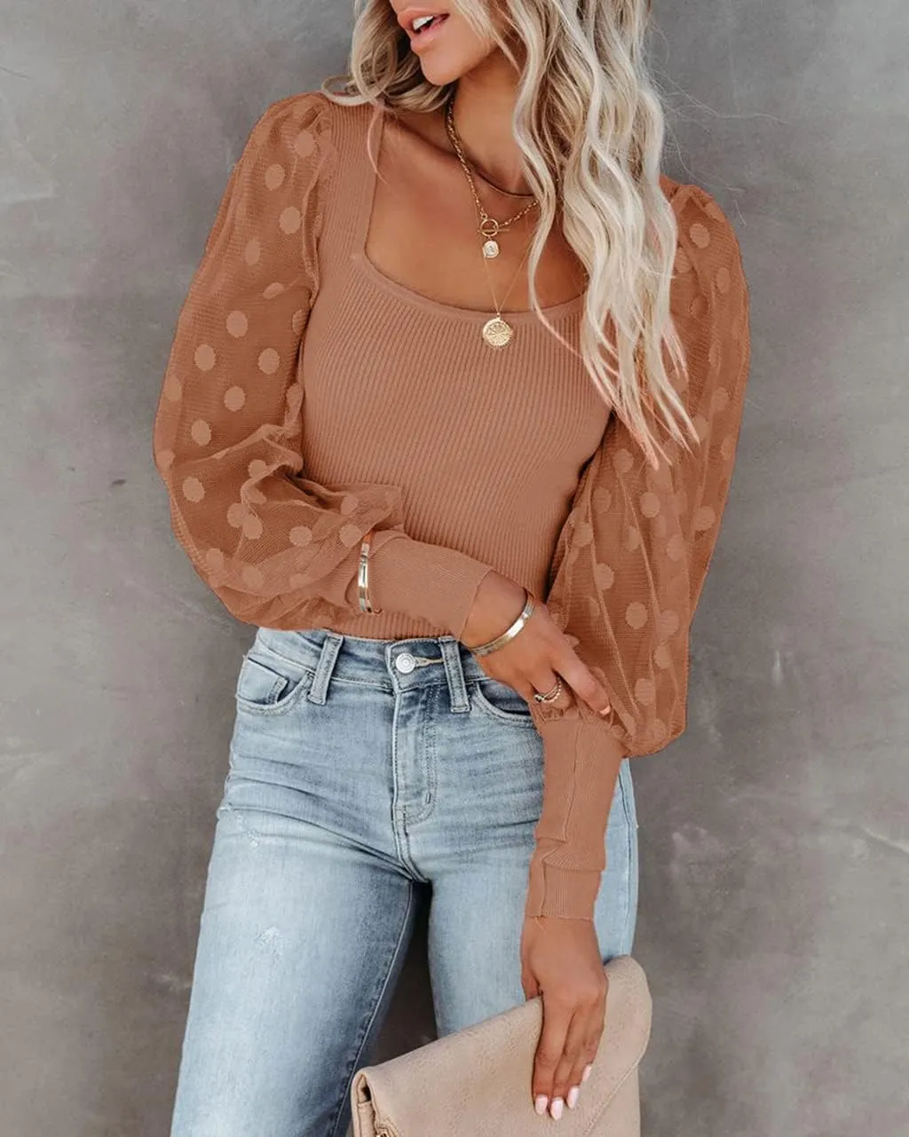 miduo Womens Tops Square Neck Polka Dot Balloon Long Sleeve Top Shirts Slim Knit Ribbed Tops Blouses