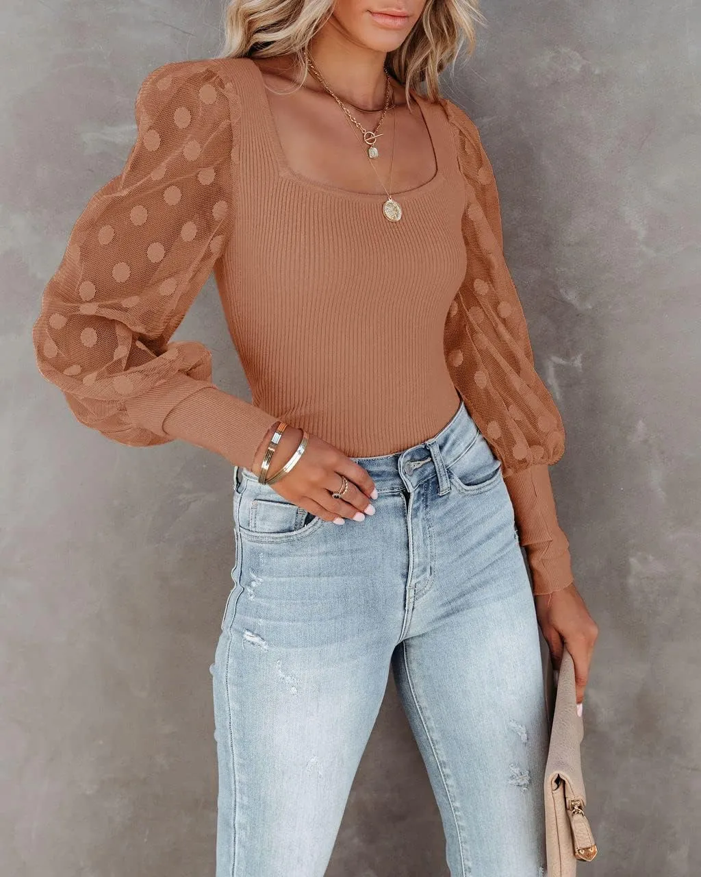 miduo Womens Tops Square Neck Polka Dot Balloon Long Sleeve Top Shirts Slim Knit Ribbed Tops Blouses
