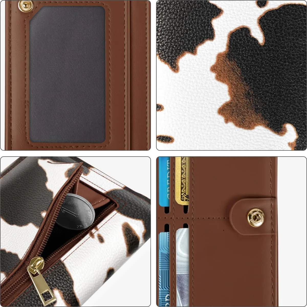 Minimalist Bifold Wallet RFID Blocking Slim Cute Credit Card Holder Compact Leather Wallet Ladies Purse for Handbag, Brown Cow