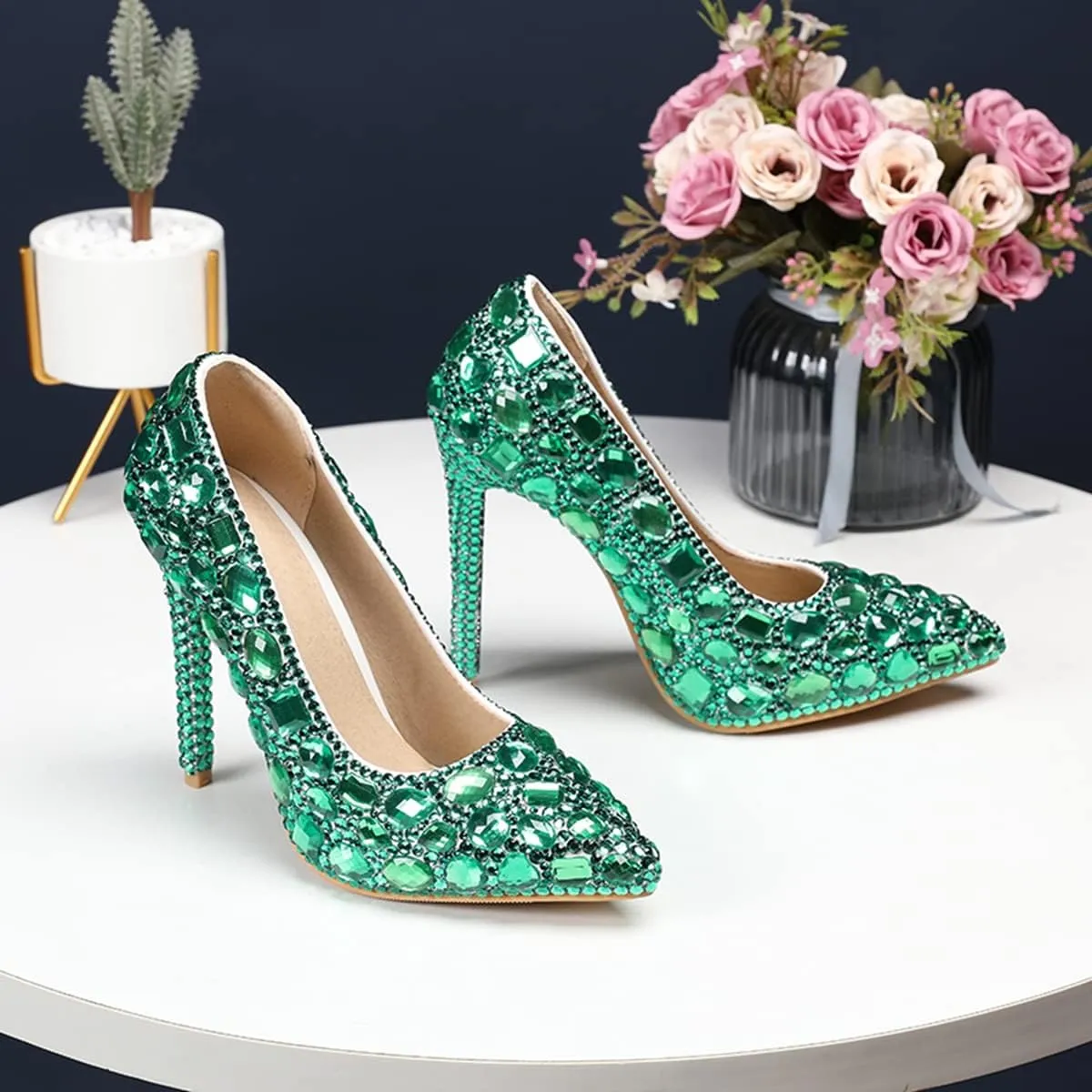 Minishion Rhinestone Wedding Shoes for Women Slip on Party Evening Pumps