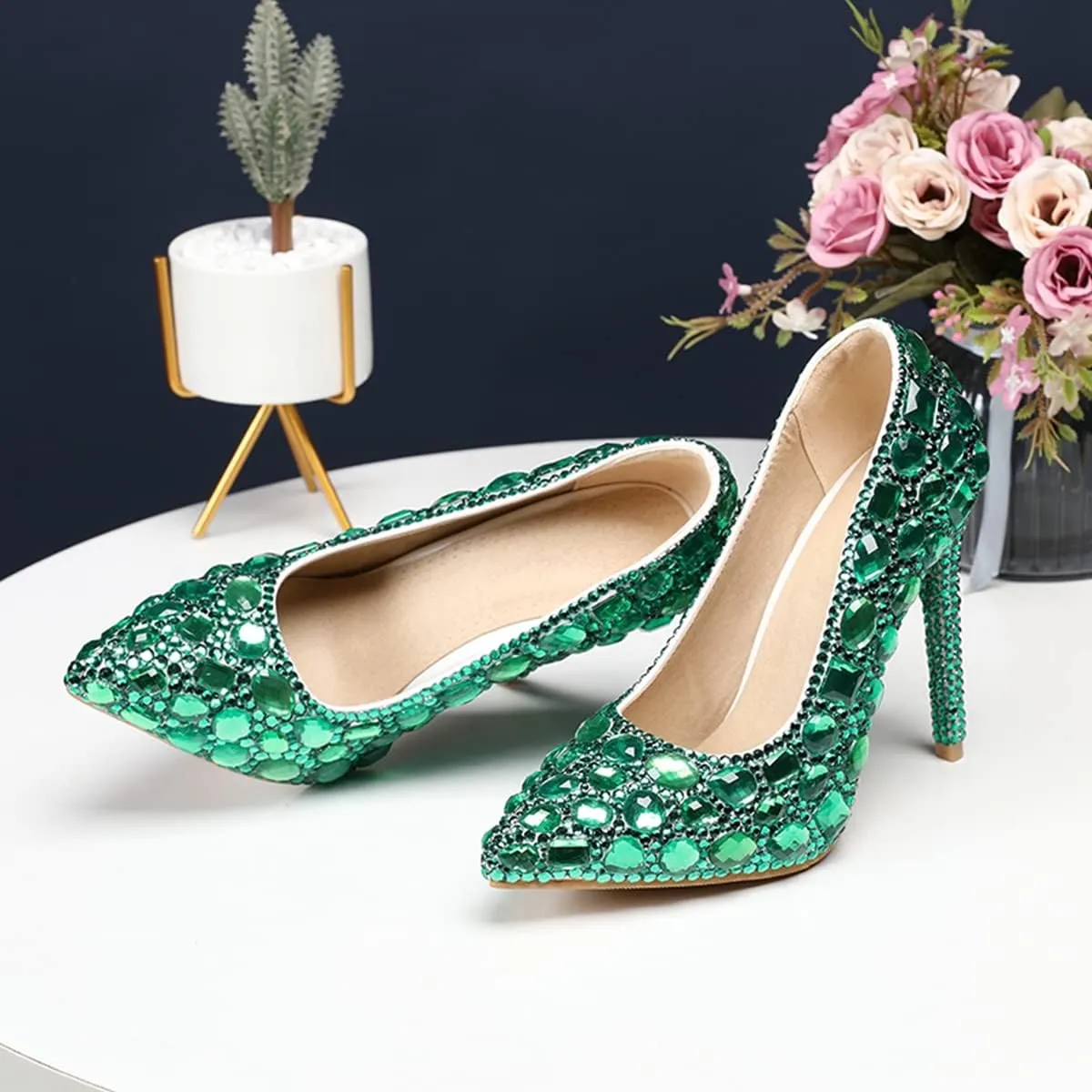 Minishion Rhinestone Wedding Shoes for Women Slip on Party Evening Pumps