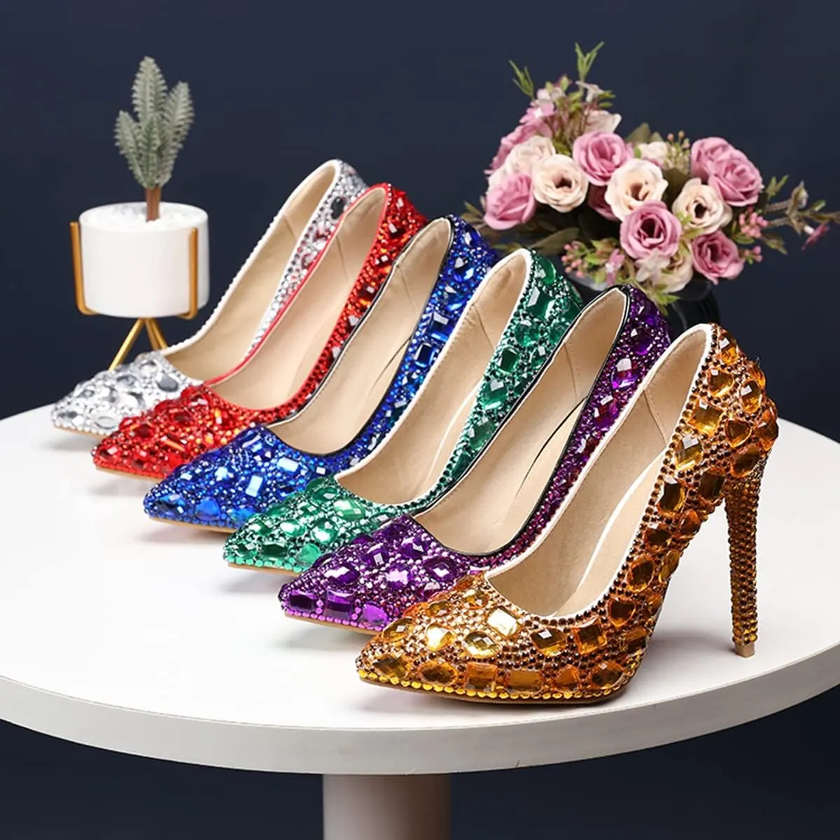 Minishion Rhinestone Wedding Shoes for Women Slip on Party Evening Pumps