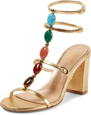 miss left Women Gorgeous T-Strap Buckled Jewelled Gladiator Sandals Open Toe Chunky High Heel Chic Party Prom Event Shoes Size 4-16 US