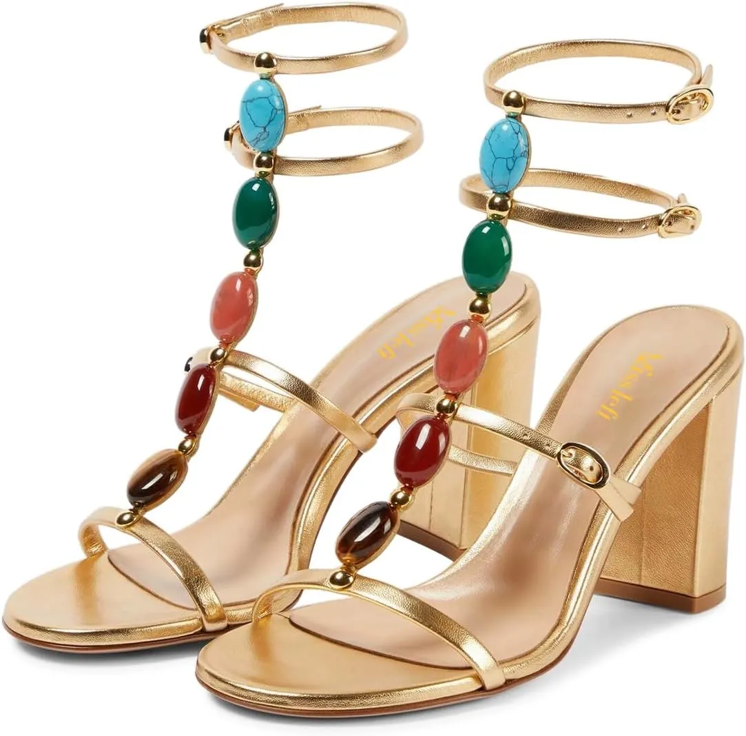 miss left Women Gorgeous T-Strap Buckled Jewelled Gladiator Sandals Open Toe Chunky High Heel Chic Party Prom Event Shoes Size 4-16 US