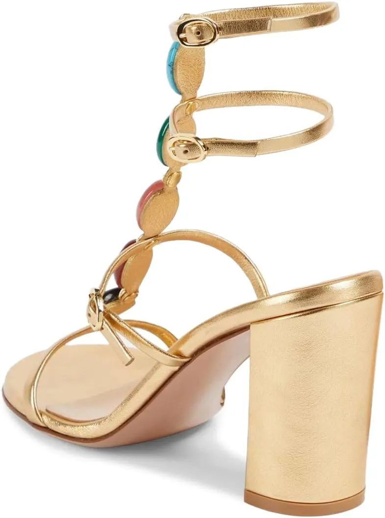 miss left Women Gorgeous T-Strap Buckled Jewelled Gladiator Sandals Open Toe Chunky High Heel Chic Party Prom Event Shoes Size 4-16 US