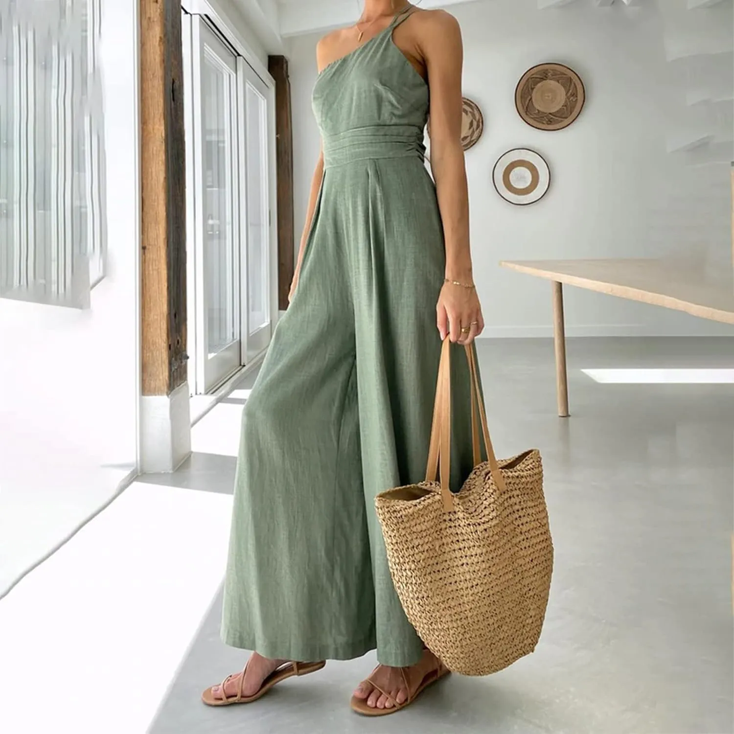 Miyaomn Summer Jumpsuits for Women Dressy One Shoulder Straps Slim Fit Ruched High Waist Wide Leg Pants Romper Casual Outfits