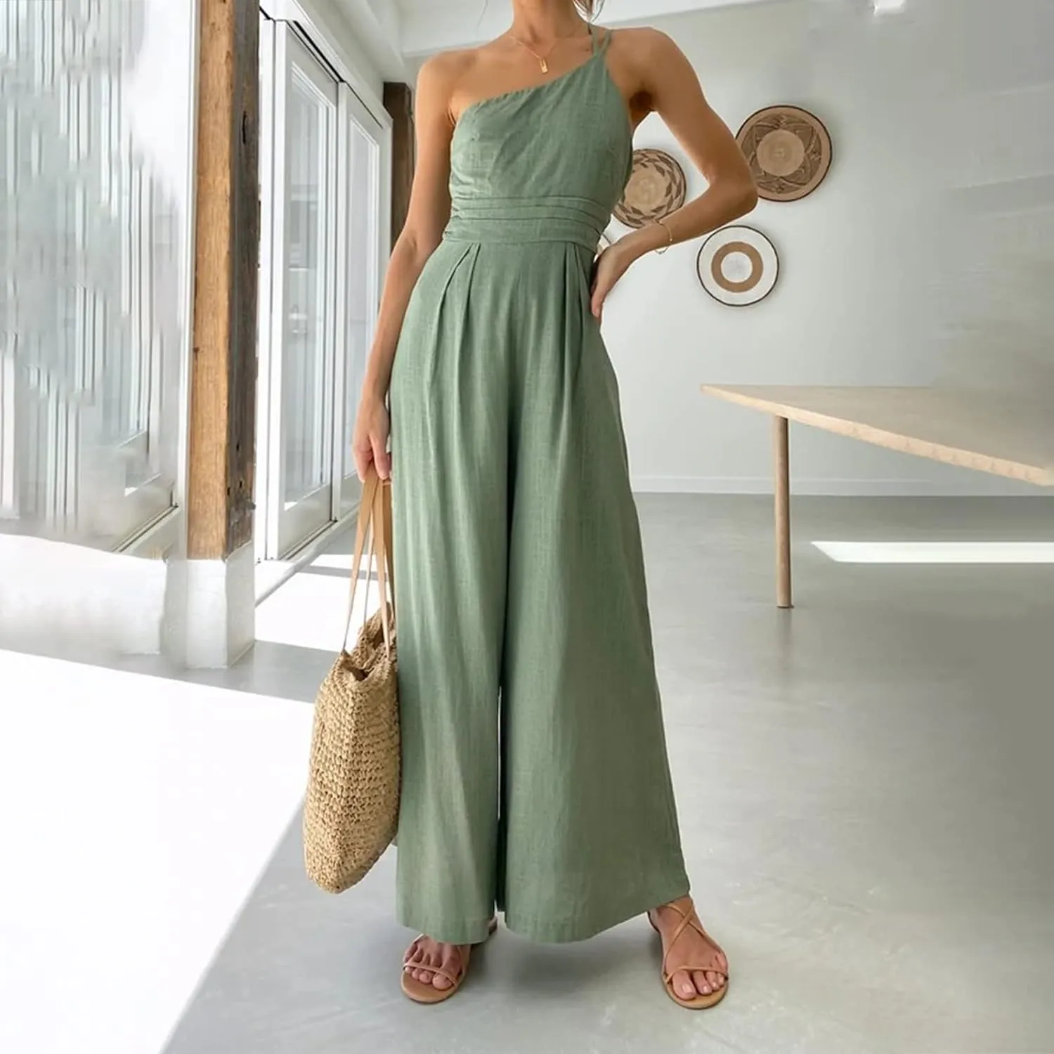 Miyaomn Summer Jumpsuits for Women Dressy One Shoulder Straps Slim Fit Ruched High Waist Wide Leg Pants Romper Casual Outfits
