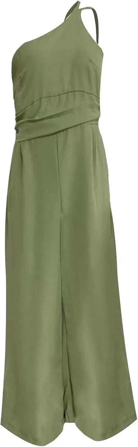 Miyaomn Summer Jumpsuits for Women Dressy One Shoulder Straps Slim Fit Ruched High Waist Wide Leg Pants Romper Casual Outfits