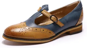 Mona flying Women's Leather Wingtip Oxford Mary Jane Loafer Casual Flat T Strap Shoes for Ladies