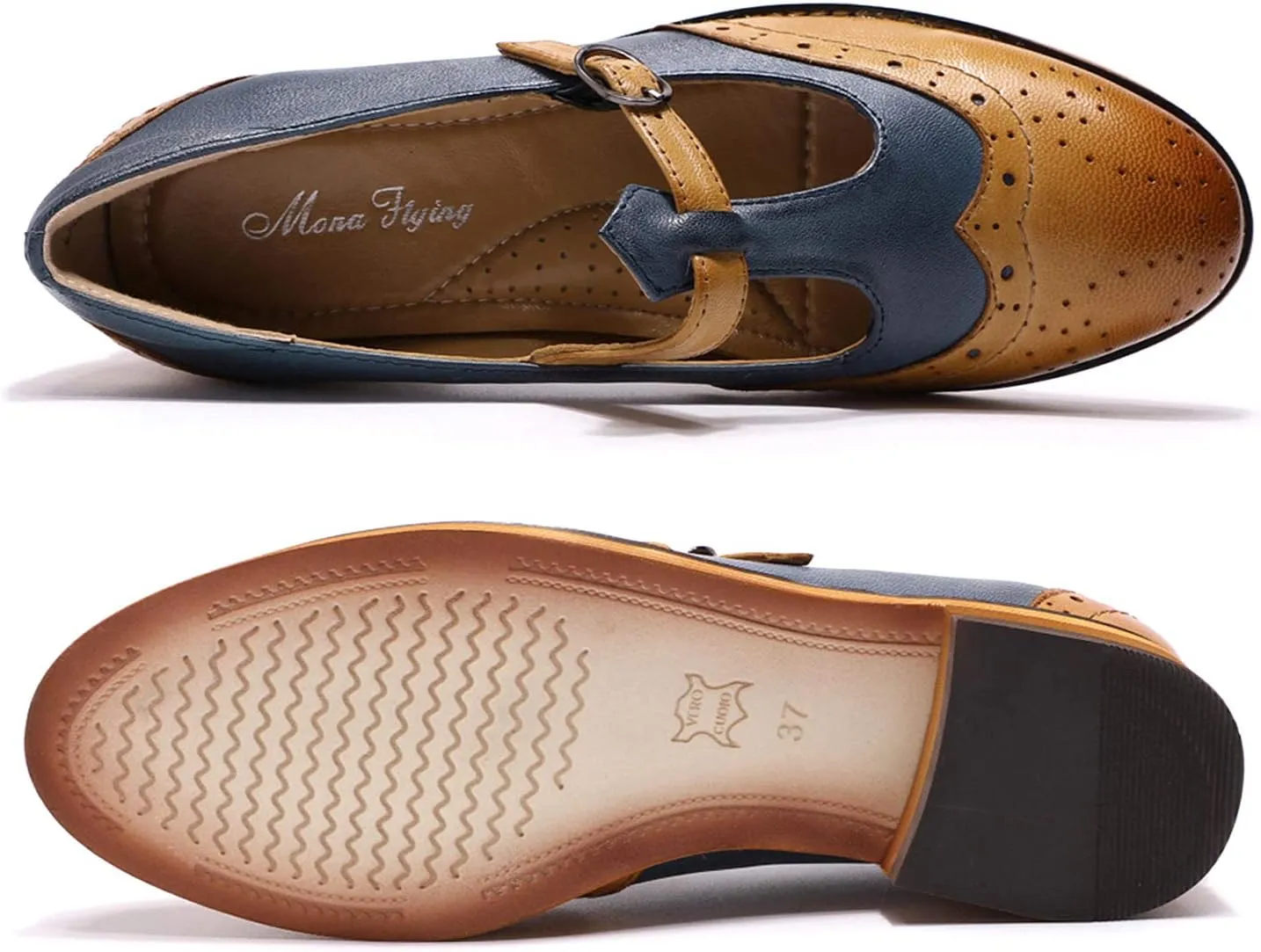 Mona flying Women's Leather Wingtip Oxford Mary Jane Loafer Casual Flat T Strap Shoes for Ladies