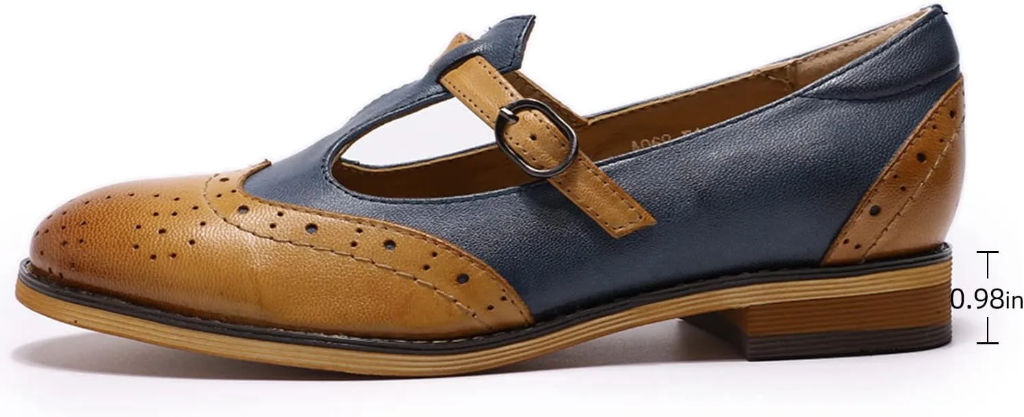 Mona flying Women's Leather Wingtip Oxford Mary Jane Loafer Casual Flat T Strap Shoes for Ladies