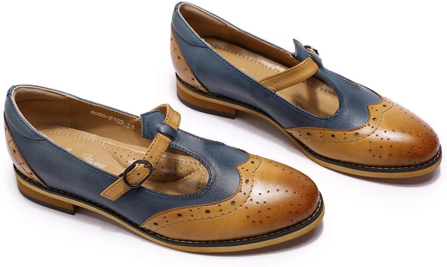Mona flying Women's Leather Wingtip Oxford Mary Jane Loafer Casual Flat T Strap Shoes for Ladies