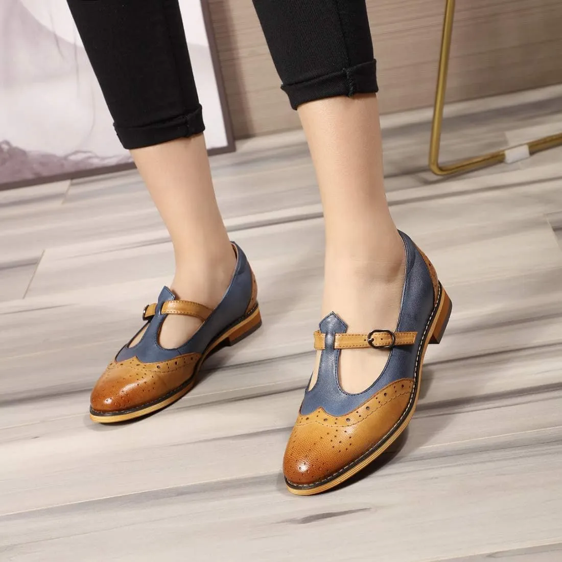 Mona flying Women's Leather Wingtip Oxford Mary Jane Loafer Casual Flat T Strap Shoes for Ladies