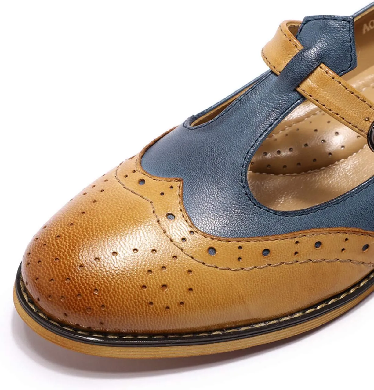 Mona flying Women's Leather Wingtip Oxford Mary Jane Loafer Casual Flat T Strap Shoes for Ladies