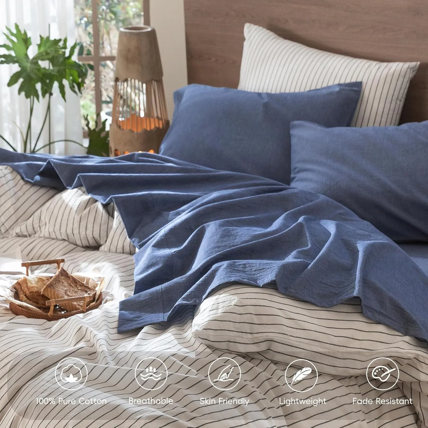 MooMee Bedding Sheet Set 100% Washed Cotton Linen Like Textured Breathable Durable Soft Comfy (Heathered Blue, Queen)