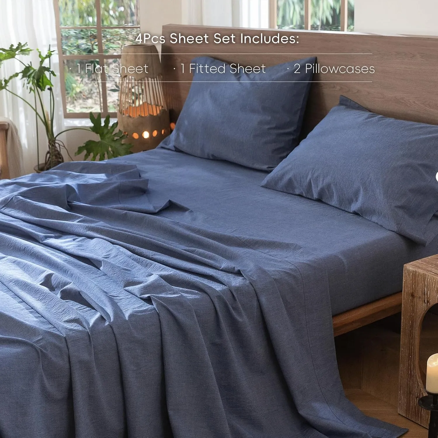 MooMee Bedding Sheet Set 100% Washed Cotton Linen Like Textured Breathable Durable Soft Comfy (Heathered Blue, Queen)