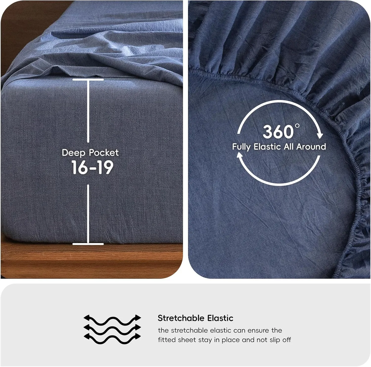 MooMee Bedding Sheet Set 100% Washed Cotton Linen Like Textured Breathable Durable Soft Comfy (Heathered Blue, Queen)