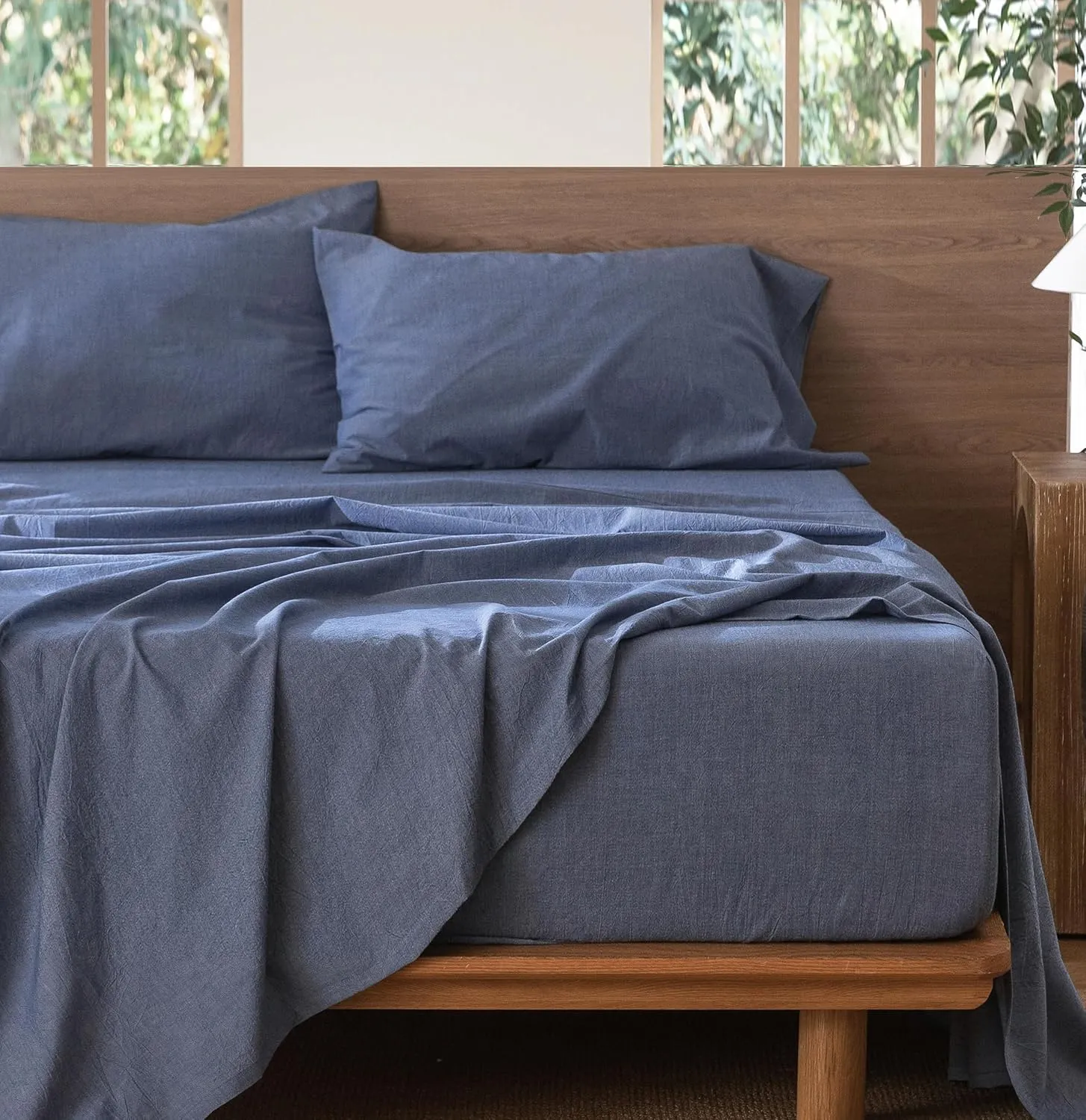 MooMee Bedding Sheet Set 100% Washed Cotton Linen Like Textured Breathable Durable Soft Comfy (Heathered Blue, Queen)