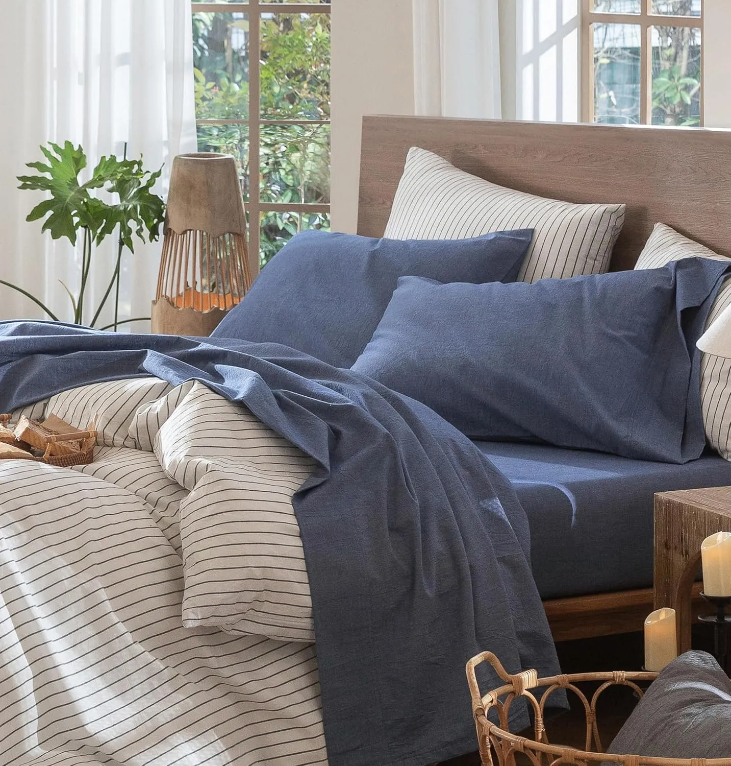 MooMee Bedding Sheet Set 100% Washed Cotton Linen Like Textured Breathable Durable Soft Comfy (Heathered Blue, Queen)