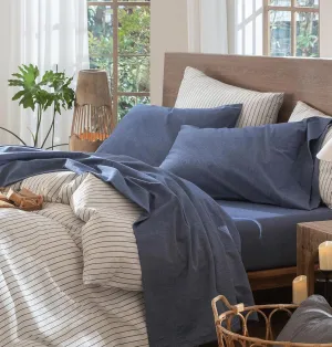 MooMee Bedding Sheet Set 100% Washed Cotton Linen Like Textured Breathable Durable Soft Comfy (Heathered Blue, Queen)