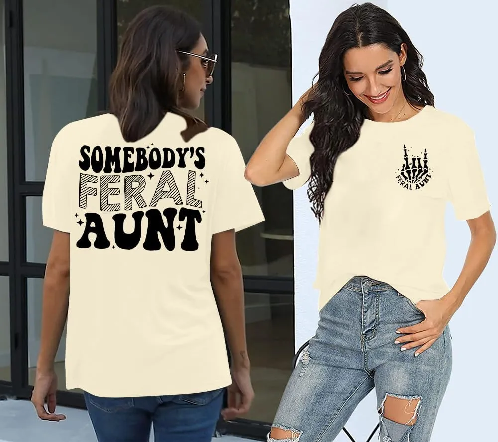 MOUSYA Somebody's Feral Aunt T-Shirt Retro Groovy Cool Aunts Club Shirt Funny Auntie Shirt Women Auntie Gifts Tee
