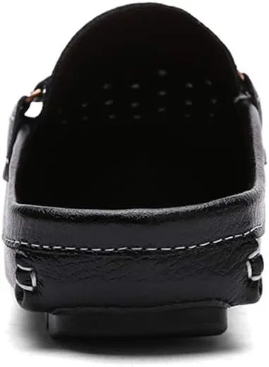 Mules Clogs Backless Loafer for Men Leather Upper Flat Slippers Driving Shoes Lightweight Durable Breathable Elastic Round Toe